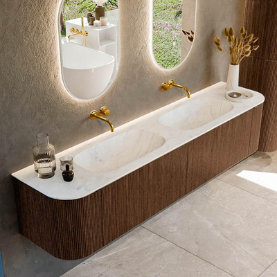 MONDIAZ KURVE-DLUX 200cm Meuble salle de bain avec module 25 G et D - couleur Walnut - 2 tiroirs - 2 portes - vasque STOR SMALL double - sans trou de robinet - couleur Opalo