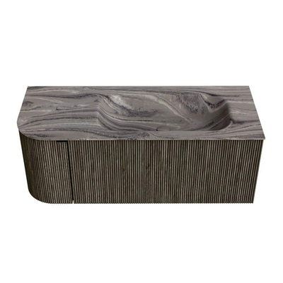 MONDIAZ KURVE-DLUX Meuble de salle de bains 115cm arrondi gauche couleur Shadow avec 1 tiroir et 1 porte. Lavabo BIG SMALL droit sans trou de robinetterie Sombra.