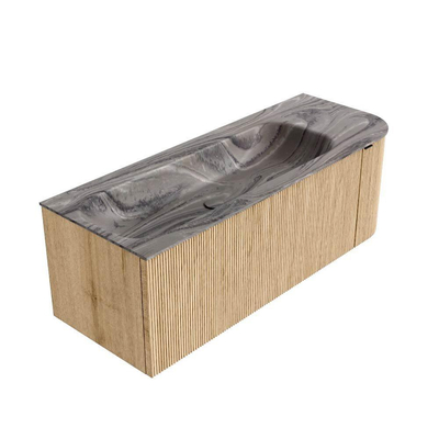 MONDIAZ KURVE-DLUX Meuble de salle de bains 125cm arrondi à droite couleur Chêne avec 1 tiroir et 1 porte. Lavabo BIG MEDIUM gauche sans trou de robinet Sombra.