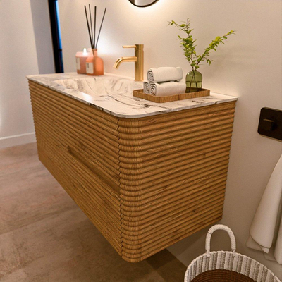 Mondiaz CIRO-DLUX Meuble de salle de bains - 110x45x50cm - Plan vasque solid surface Glace - 1 lavabo central - 1 trou de robinetterie - 2 tiroirs - Chêne