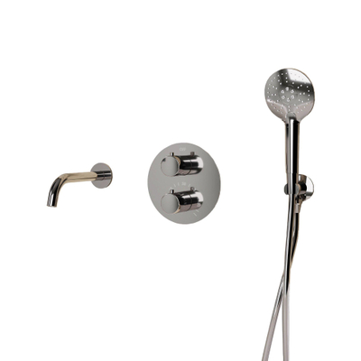 Fortifura Calvi Badkraan set - uitloop - 22cm inkortbaar - rond bedieningspaneel - gladde slang - ronde handdouche - inbouwdeel - wandhouder - verchroomd chroom