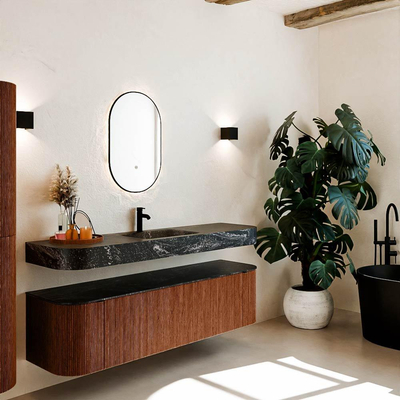 MONDIAZ THOR-DLUX 170cm badmeubel ronding links + rechts kleur Ruby met 1 lade en 2 deuren. Vrijhangende wastafel CLOUD Midden 1 kraangat kleur Lava.