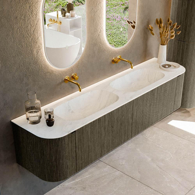 Mondiaz KURVE-DLUX Ensemble de meuble de salle de bains - 190x46x40cm - 2 tiroirs - 2 portes - lavabo solid surface - double - sans trou de robinet - Shadow