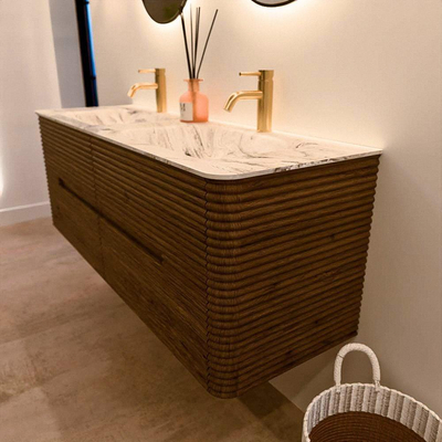 Mondiaz CIRO-DLUX Ensemble de meubles de salle de bains - 140x45x50cm - Plan vasque solid surface Glace - 2 vasques Double - 2 trous de robinetterie - 4 tiroirs - Dusk