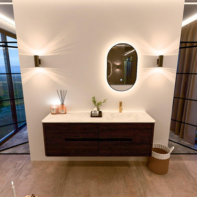 Mondiaz CIRO-DLUX Meuble de salle de bains - 150x45x50cm - Plan vasque Solid surface Opalo - 1 lavabo à droite - 1 trou de robinetterie - 4 tiroirs - Noyer