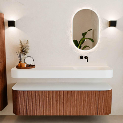 MONDIAZ THOR 160cm meuble de salle de bains arrondi gauche + droite couleur Ruby avec 1 tiroir et 2 portes. Vasque suspendue CLOUD Droite sans trou de robinet couleur Talc.