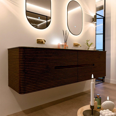 Mondiaz CIRO-DLUX Badkamermeubelset - 180x45x50cm - Solid surface wastafel Lava - 2 wasbak Dubbel - zonder kraangaten - 4 lades - Walnut