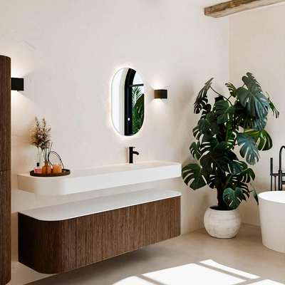 MONDIAZ THOR 160cm meuble de salle de bains arrondi gauche + droite couleur Walnut avec 1 tiroir et 2 portes. Vasque suspendue CLOUD Droite 1 trou de robinet couleur Talc.