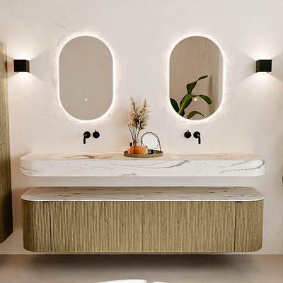 MONDIAZ THOR-DLUX Meuble de salle de bains - 190cm - arrondi gauche + droite - couleur Dusk - 2 tiroirs - 2 portes - Vasque suspendue CLOUD Double sans trou de robinet - couleur Nata