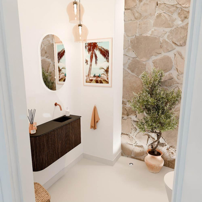 Mondiaz JOYA 81.6cm meuble de toilette - arrondi gauche couleur Walnut - Vasque FAYE position Droite Sans trou de robinet couleur Urban.