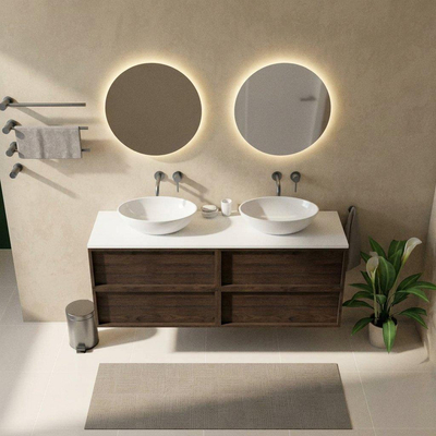 Saniclass Holz Frame Ensemble meuble de salle de bains - 160x45x62.5cm - Plan de toilette Torino en solid surface blanc - sans trou de robinetterie - 4 tiroirs - chêne charcoal mat (bois)