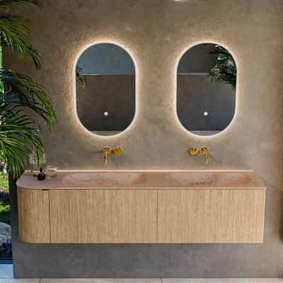 MONDIAZ KURVE-DLUX Meuble de salle de bains 175cm arrondi à gauche couleur Chêne avec 2 tiroirs et 1 porte. Lavabo STOR SMALL Double / Droite sans trou de robinet Saba.