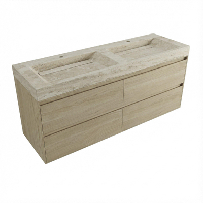 Forzalaqua Ibiza Badkamermeubelset - 140x50x70cm - 4 lades - travertin wastafel - 2 kraangaten - steunenset - afvoerplug - smoke