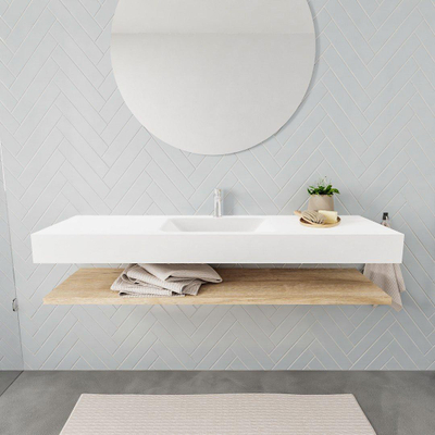 MONDIAZ ALAN 150cm - Ensemble meuble de salle de bains - tablette - chêne blanchi - lavabo suspendu - lavabo centré - 1 trou de robinet - talc