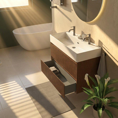 Saniclass Holz Atelier Ensemble meuble de salle de bains - 100x45x72cm - Plan vasque Legend en céramique blanc - 1 vasque - 2 trous de robinetterie - 2 tiroirs - noyer pure mat (bois)