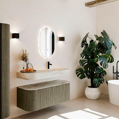 MONDIAZ THOR-DLUX 120cm meuble de salle de bains arrondi gauche + droite couleur Shadow avec 1 tiroir et 2 portes. Vasque suspendue CLOUD Droite 1 trou de robinet couleur Frappe.