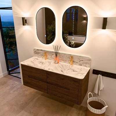 Mondiaz CIRO-DLUX Badkamermeubelset - 130x45x50cm - Solid surface wastafel Glace - 2 wasbak Dubbel - 2 kraangaten - 4 lades - Dusk