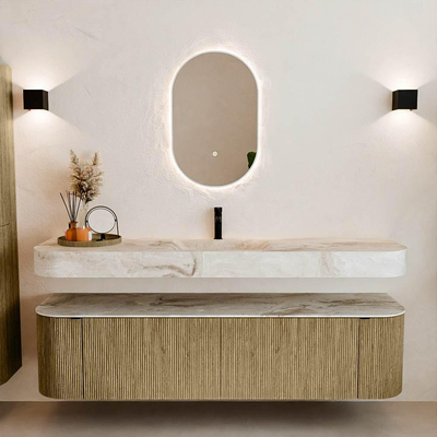 MONDIAZ THOR-DLUX 180cm meuble de salle de bains arrondi gauche + droite couleur Dusk avec 2 tiroirs et 2 portes. Vasque suspendue CLOUD Milieu 1 trou de robinet couleur Frappe.