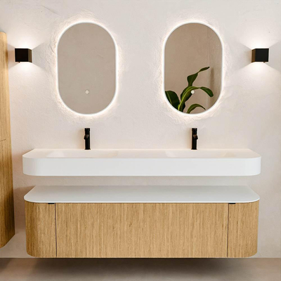 MONDIAZ THOR Meuble de salle de bains 170cm arrondi gauche + droite couleur Oak avec 1 tiroir et 2 portes. Vasque suspendue CLOUD Double 2 trous de robinet couleur Talc.