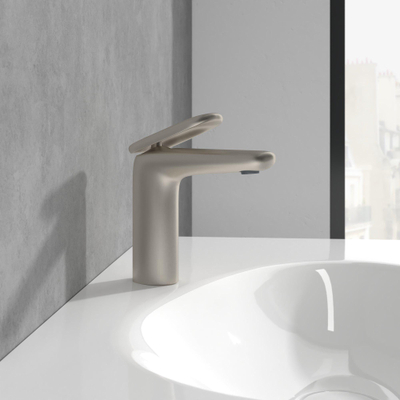 Villeroy & Boch Antao 1 greeps wastafelkraan - 140mm - met push open afvoergarnituur - Brushed Nickel (rvs)