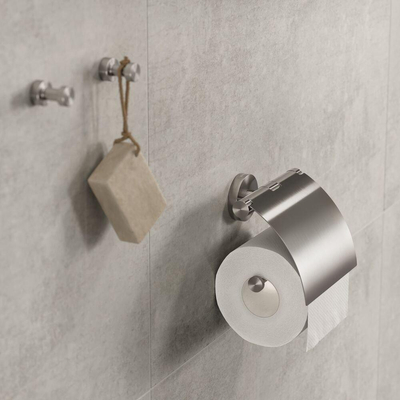 Geesa Nemox Set d'accessoires WC - Brosse de toilette avec support - Porte-rouleau de toilette avec couvercle - Crochet à serviette - inox brossé