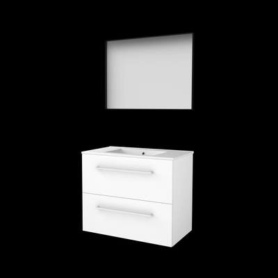Basic-Line Framed 46 badkamermeubelset - 80x46cm - met grepen - 2 lades - porseleinen wastafel - 1 kraangat - Spiegel - mat zwart aluminium frame - rondom - MDF lak Ice White