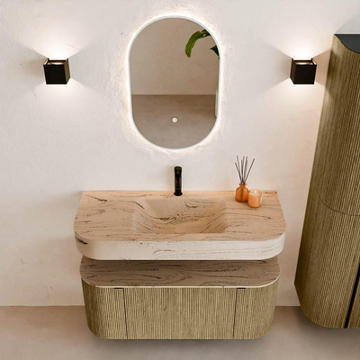 MONDIAZ THOR-DLUX 110cm meuble de salle de bains arrondi gauche + droite couleur Dusk avec 1 tiroir et 2 portes. Vasque suspendue CLOUD Milieu 1 trou de robinet couleur Arena.