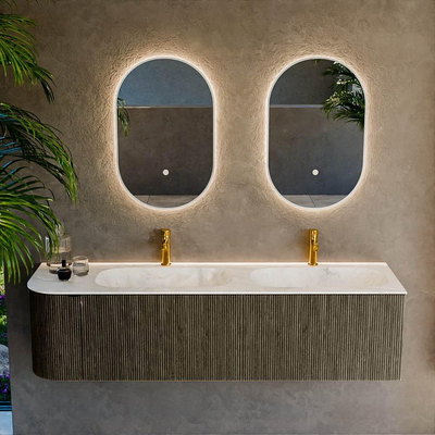 Mondiaz KURVE-DLUX Ensemble de meuble - 165x46x40cm - 2 tiroirs - 1 porte - lavabo en solid surface - double / droite - 2 trous de robinet - Shadow