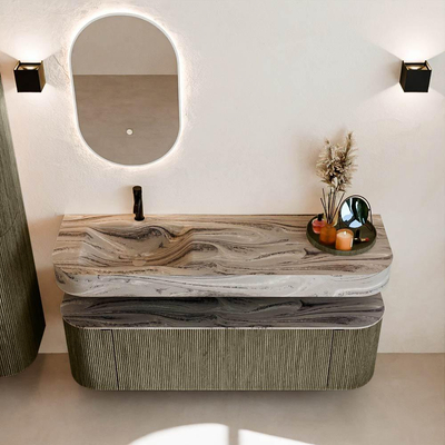 MONDIAZ THOR-DLUX 150cm meuble de salle de bains arrondi gauche + droite couleur Shadow avec 1 tiroir et 2 portes. Vasque suspendue CLOUD Gauche 1 trou de robinet couleur Sombra.