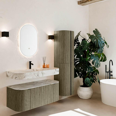 MONDIAZ THOR-DLUX Meuble de salle de bains 110cm arrondi gauche + droite couleur Shadow avec 1 tiroir et 2 portes. Vasque suspendue CLOUD Milieu 1 trou de robinet couleur Glace.