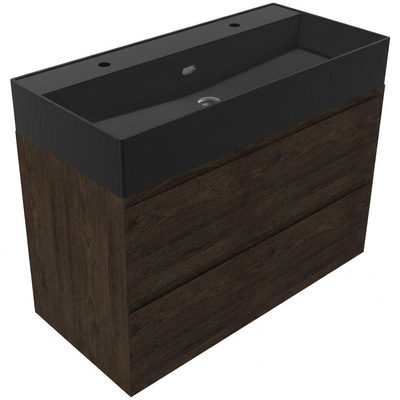 Saniclass Holz Pure Badkamermeubelset - 100x45x72cm - Legend keramische wastafel mat zwart - 1 wasbak - 2 kraangaten - 2 lades - mat eiken charcoal (hout)