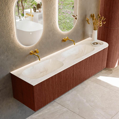 Ensemble de meuble de salle de bain Mondiaz KURVE-DLUX - 175x46x40cm - 2 tiroirs - 1 porte - lavabo en solid surface - double / gauche - sans trou de robinet - Ruby