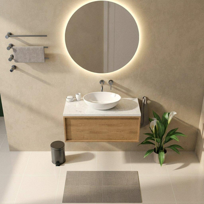 Saniclass Holz Frame Ensemble meuble de salle de bains - 100x45x43cm - Plan vasque en marbre Dia poli (blanc) - sans trou de robinet - 1 tiroir - chêne natural mat (bois)