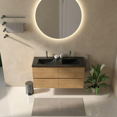 Saniclass Holz Pure Ensemble de meubles de salle de bains - 120x45x62cm - Vasque Vygo en céramique noire - 2 vasques - 2 trous de robinetterie - 4 tiroirs - chêne naturel mat (bois)