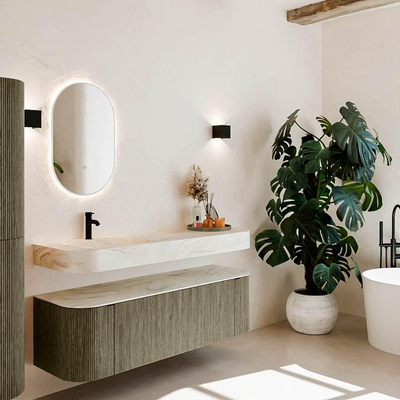 MONDIAZ THOR-DLUX 150cm meuble de salle de bains arrondi gauche + droite couleur Shadow avec 1 tiroir et 2 portes. Vasque suspendue CLOUD Gauche 1 trou de robinet couleur Ostra.