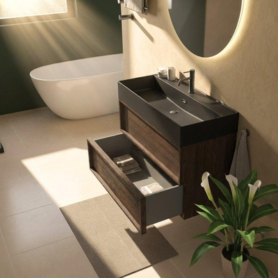 Saniclass Holz Frame Ensemble meuble de salle de bains - 100x45x72cm - Legend lavabo en céramique noir mat - 1 vasque - 1 trou de robinetterie - 2 tiroirs - chêne charcoal mat (bois)