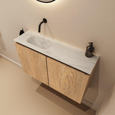 MONDIAZ TURE-DLUX Meuble WC 80 cm Washed Oak. EDEN vasque Opalo position gauche. Sans trou de robinet.
