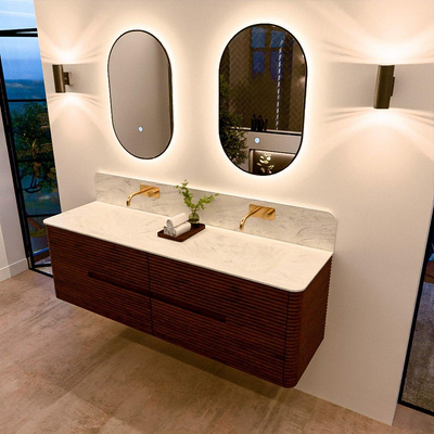 Mondiaz CIRO-DLUX Ensemble de meubles de salle de bains - 160x45x50cm - plan vasque Solid surface Opalo - 2 vasques Double - sans trous de robinet - 4 tiroirs - Ruby