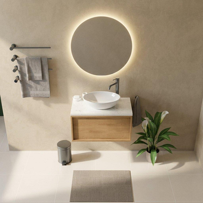 Saniclass Holz Frame Ensemble meuble de salle de bains - 80x45x43cm - Plan vasque en marbre Dia poli (blanc) - 1 trou de robinetterie - 1 tiroir - chêne natural mat (bois)