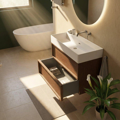 Saniclass Holz Frame Ensemble meuble de salle de bains - 100x45x72cm - lavabo en céramique Legend blanc mat - 1 vasque - sans trou de robinetterie - 2 tiroirs - walnut pure mat (bois)
