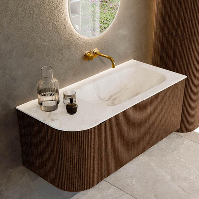MONDIAZ KURVE-DLUX meuble de salle de bains 105 cm avec module 25 L couleur Walnut avec 1 tiroir et 1 porte. Lavabo BIG SMALL à droite sans trou de robinet couleur Frappe.