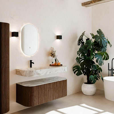 MONDIAZ THOR-DLUX 120cm meuble de salle de bains arrondi gauche + droite couleur Walnut avec 1 tiroir et 2 portes. Vasque suspendue CLOUD gauche 1 trou de robinet couleur Glace.