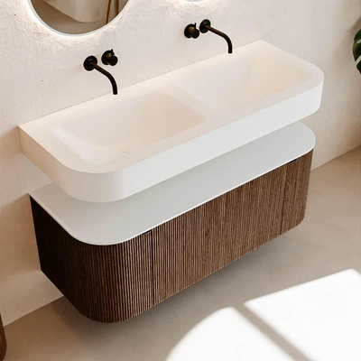 MONDIAZ THOR 120cm meuble de salle de bains arrondi gauche + droite couleur Walnut avec 1 tiroir et 2 portes. Vasque suspendue CLOUD Double sans trou de robinet couleur Talc.