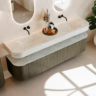 MONDIAZ THOR-DLUX 190cm meuble de salle de bains arrondi gauche + droite couleur Shadow avec 2 tiroirs et 2 portes. Vasque suspendue CLOUD Double sans trou de robinet couleur Opalo.