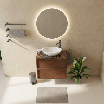 Saniclass Holz Frame Ensemble meuble de salle de bains - 80x45x63cm - Plan de travail en pierre naturelle Noche dark emperador - 1 trou de robinet - 2 tiroirs - walnut pure mat (bois)
