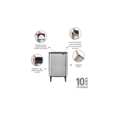 Brabantia Bo Hi Poubelle - 12 litres - seau intérieur en plastique - acier mat anti-traces de doigts