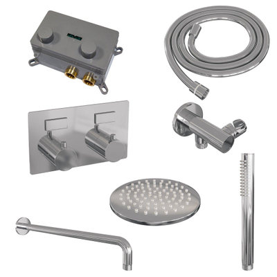 BRAUER Chrome Edition Douche de pluie thermostatique encastrée - boutons-poussoirs - SET 51 - pomme de douche 20cm - bras mural courbé - douchette barre - flexible de douche - coude mural - chrome