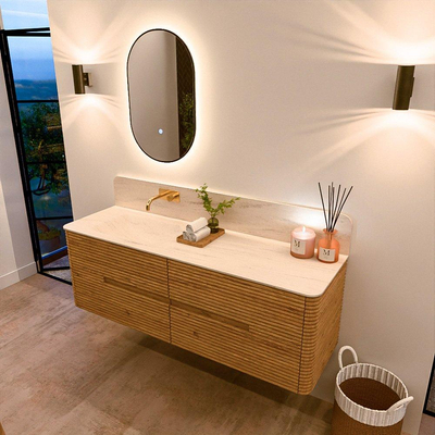 Mondiaz CIRO-DLUX Ensemble de meubles de salle de bains - 150x45x50cm - Plan vasque en solid surface Meli - 1 cuve à gauche - sans trous de robinet - 4 tiroirs - Chêne