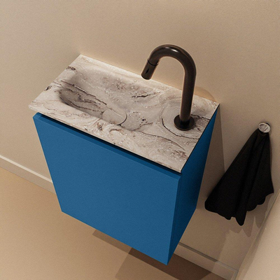 MONDIAZ TURE-DLUX Meuble toilette - 40cm - Jeans - EDEN - vasque Glace - position gauche - 1 trou de robinet