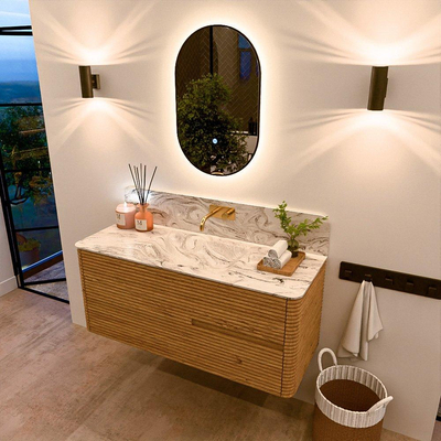 Mondiaz CIRO-DLUX Meuble de salle de bains - 120x45x50cm - Plan-vasque solid surface Glace - 1 vasque au milieu - sans trous de robinet - 2 tiroirs - Chêne